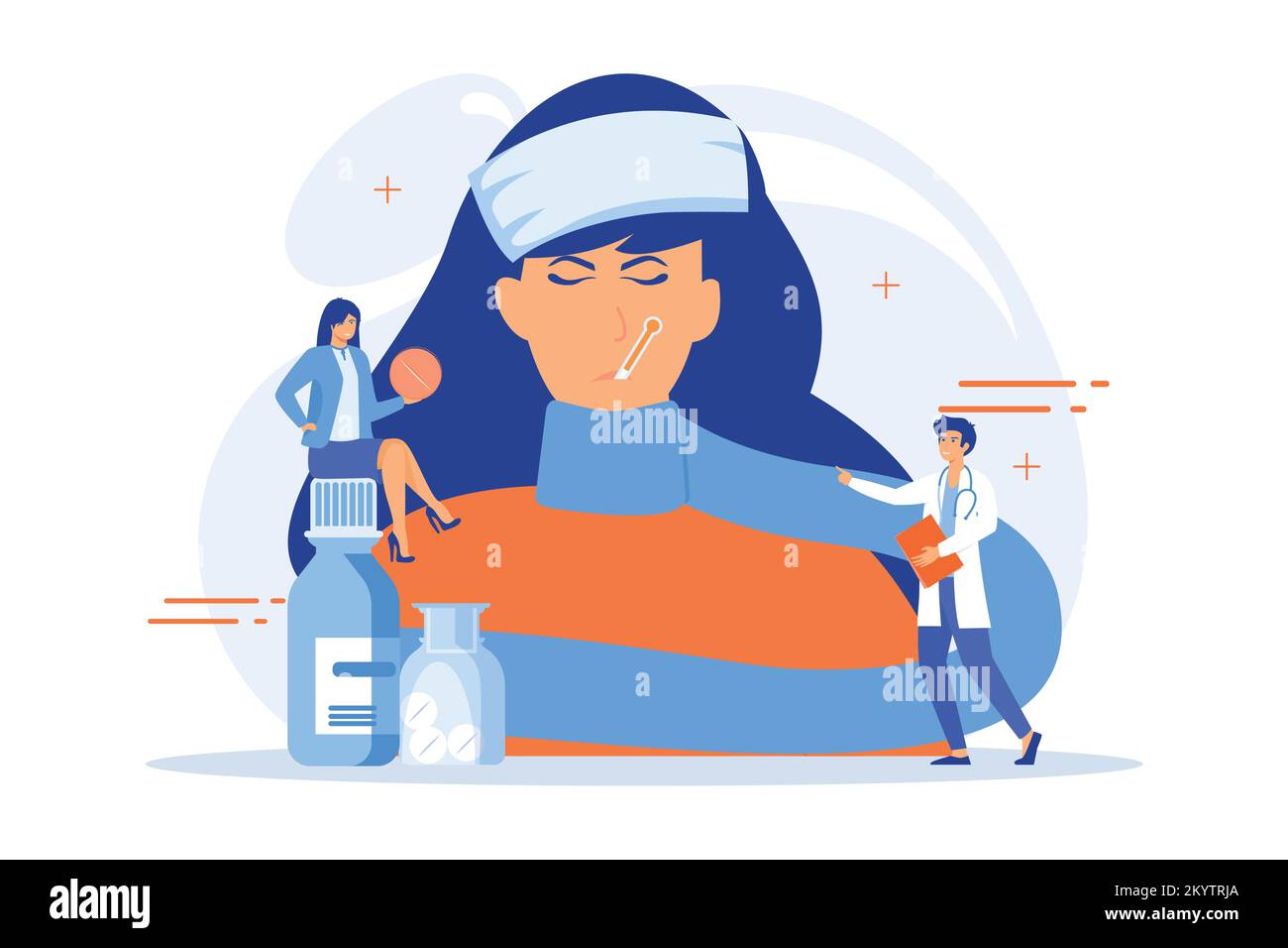 Sick woman with flu and cold symptoms and doctors, tiny people