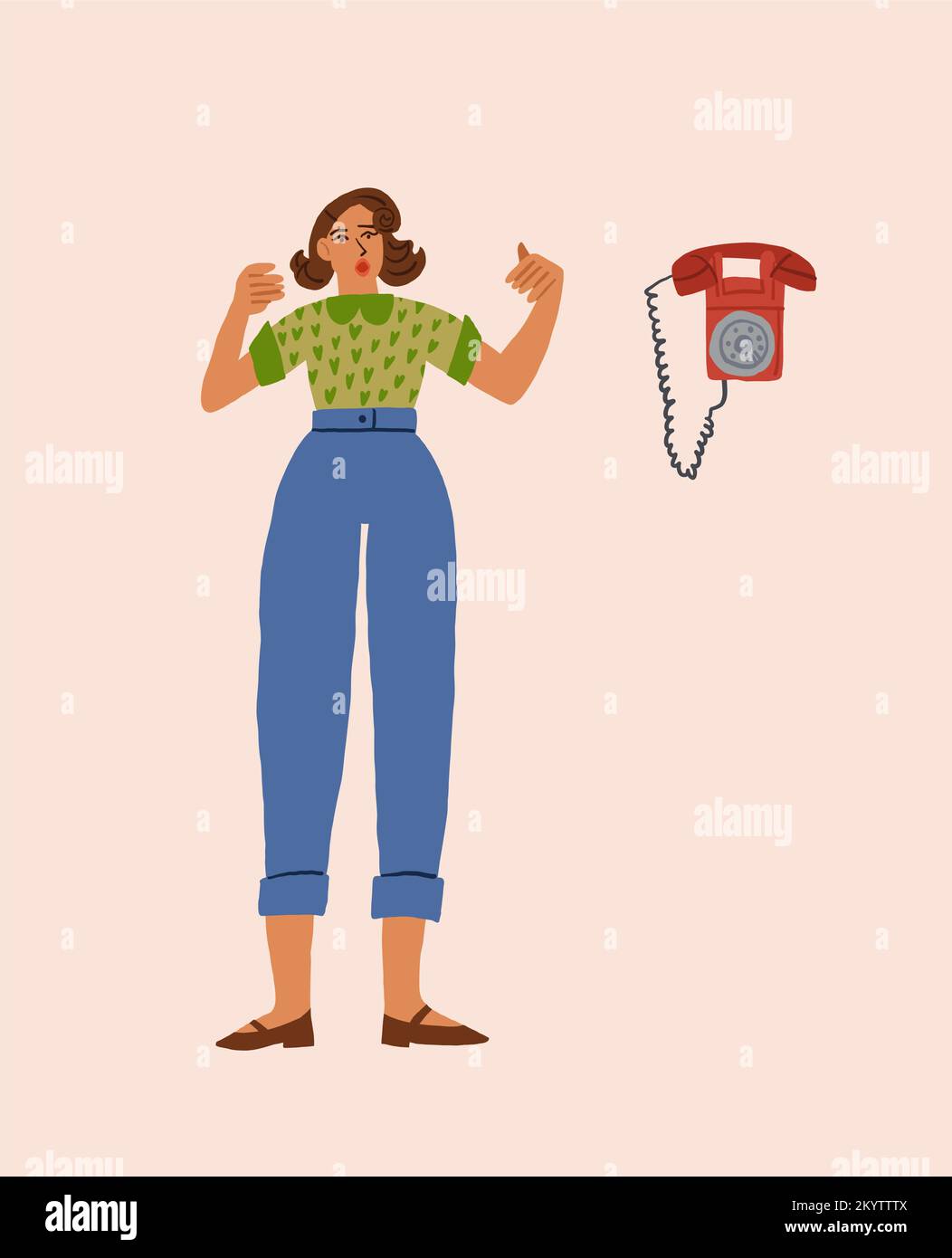 Woman waiting for the phone call, retro style phone. Vector illustration Stock Vector