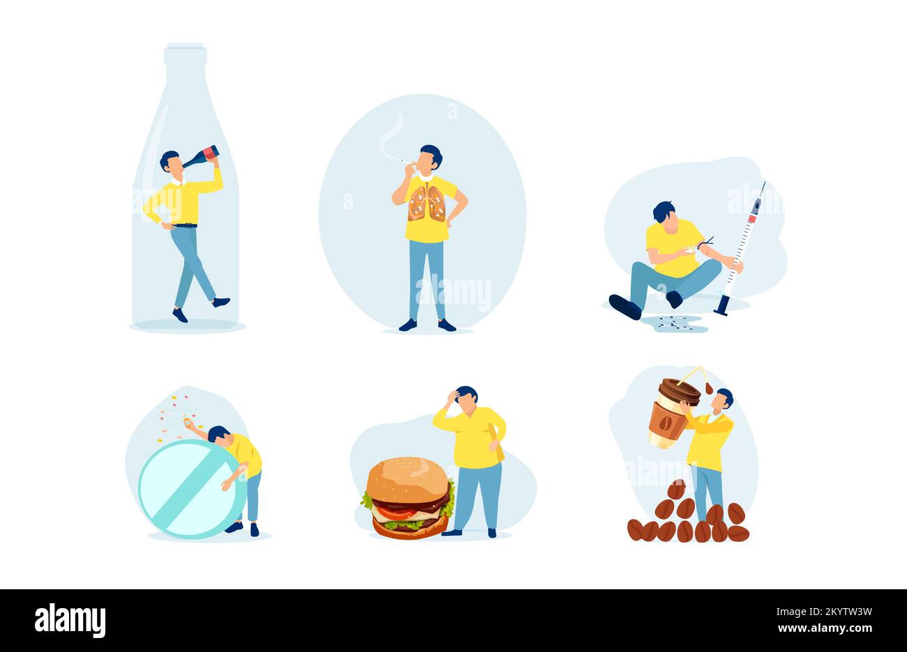 Vector of a young man with bad habits alcoholism, drug addiction, smoking, coffeemania, gluttony wand obesity Stock Vector