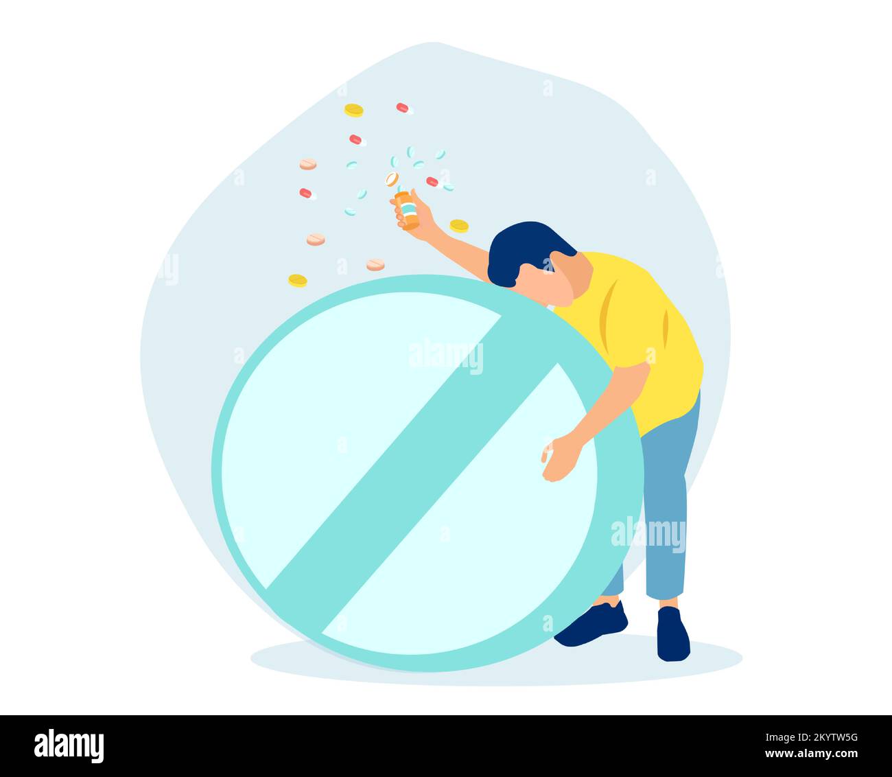 Vector of a sick sad man in depression hugging a pill. Concept of drug addiction. Stock Vector