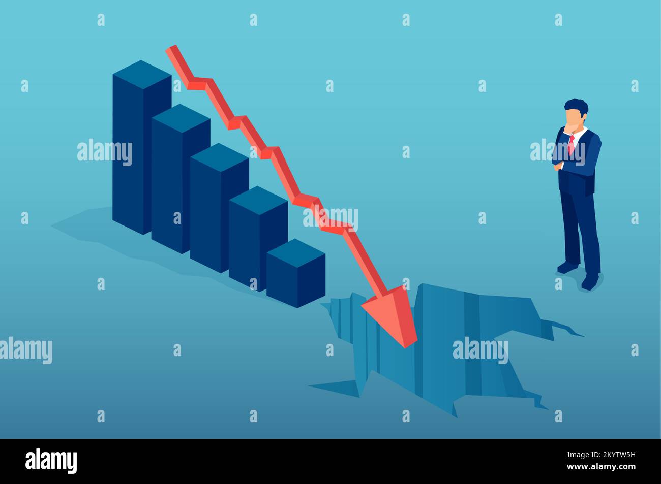 Bankruptcy, recession and financial crisis concept. Vector of a thoughtful businessman looking at a falling down arrow financial graph Stock Vector