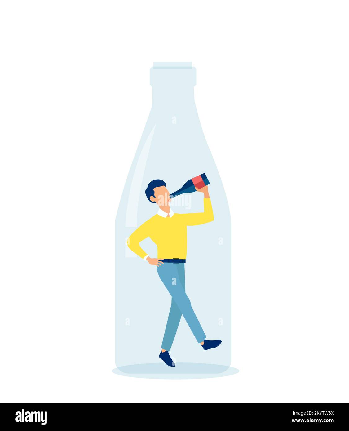 Vector of an alcoholic person young man drinking wine inside a bottle Stock Vector