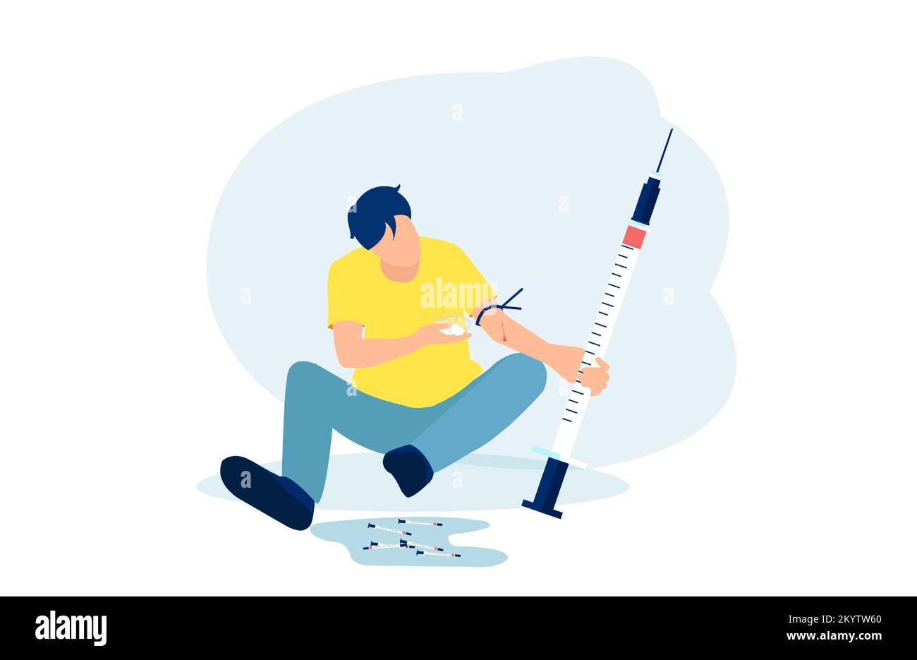 Drug addiction concept. Vector of a man with a syringe injecting drugs. Stock Vector