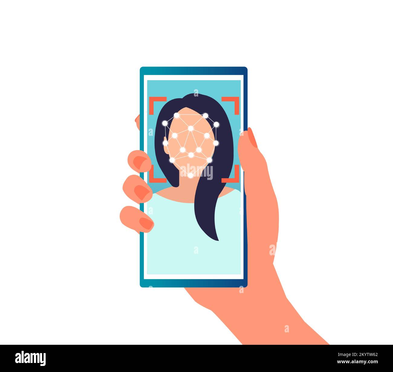 Face ID recognition system concept. Vector of a woman using mobile phone with face recognition to gain access Stock Vector