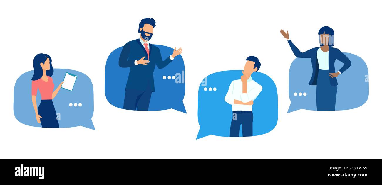 Discussion and communication concept. Vector of business people talking in the speech bubbles. Stock Vector