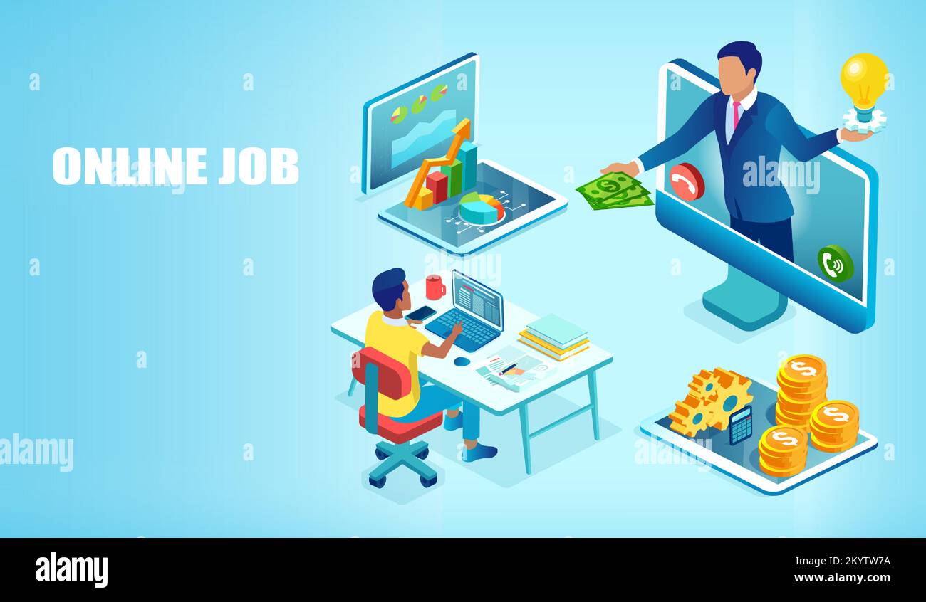 Vector of a young man working on computer  being rewarded for online job Stock Vector