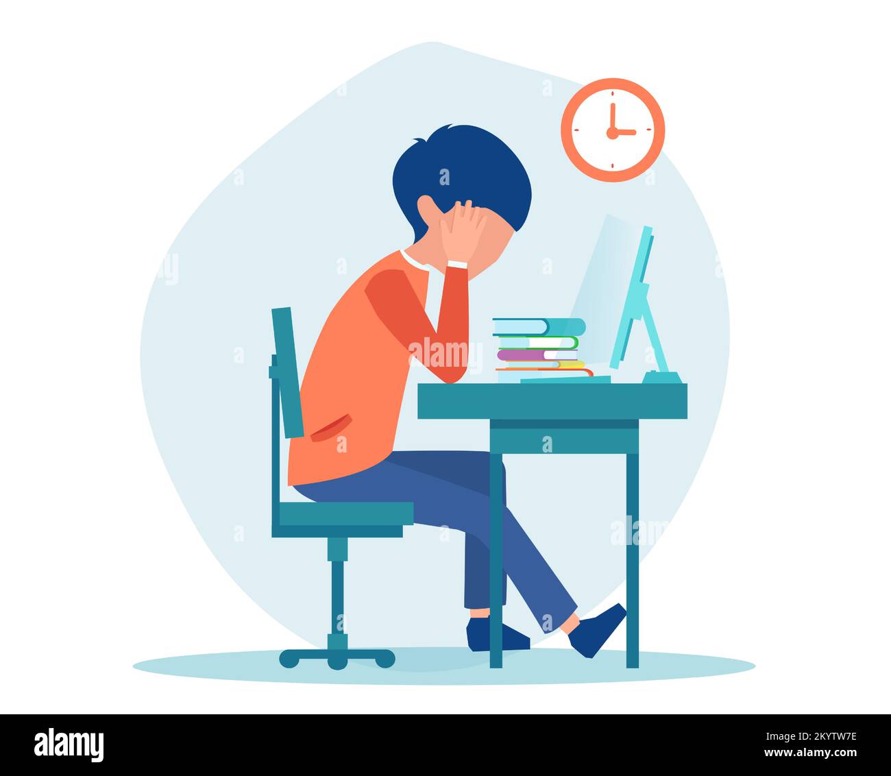 Vector of a young man a student sitting at desk with head in hands feeling burnout, isolated on white background Stock Vector