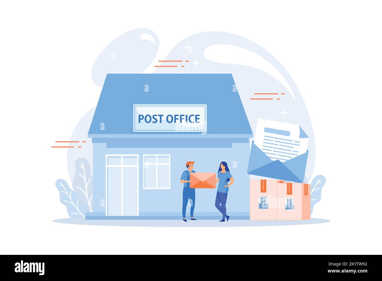 Documents, letters express courier delivering. Postal services. Post office services, post delivery agent, post office card accounts concept. flat vec Stock Vector