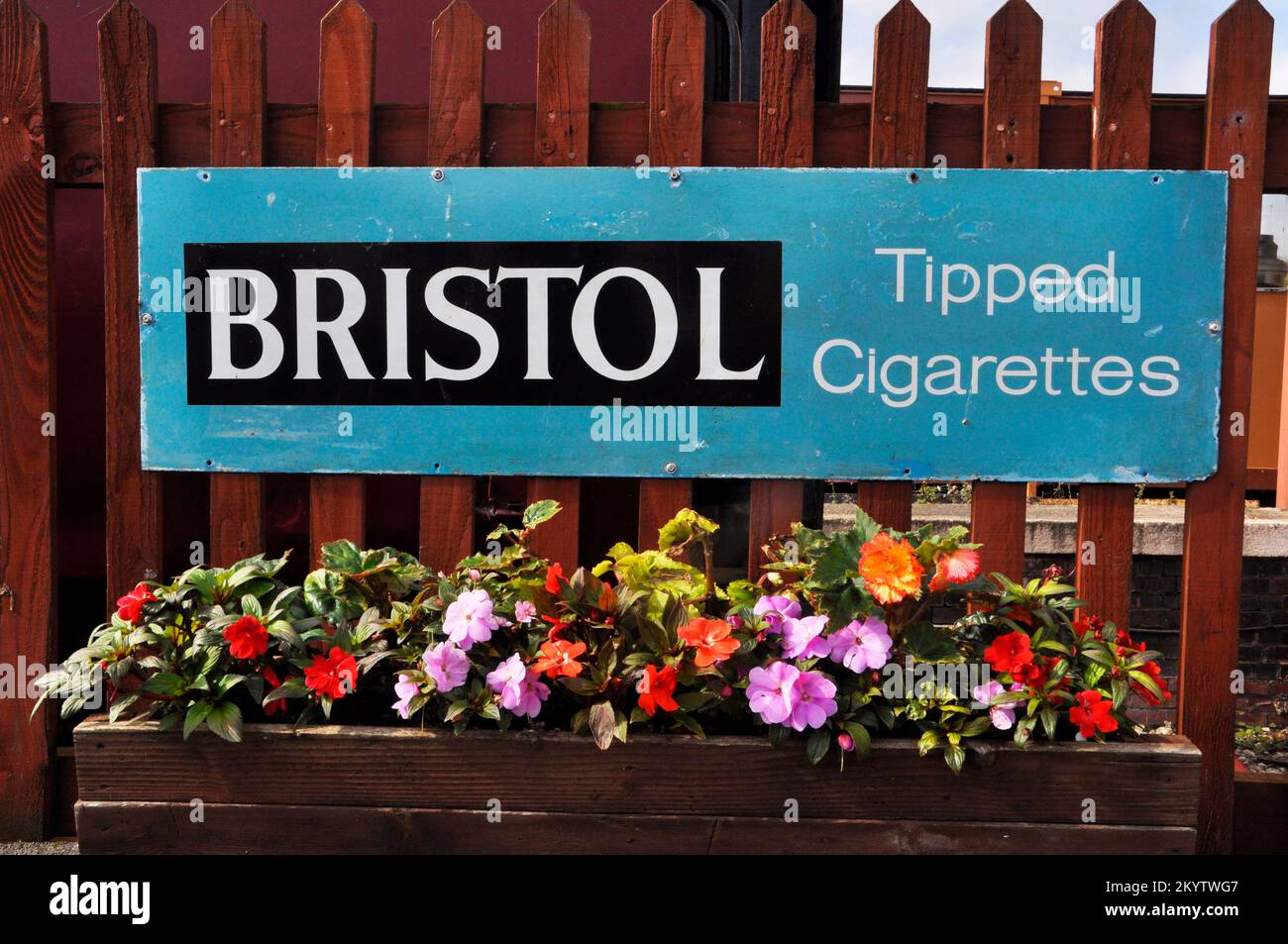Enamelled metal sign, advertising Bristol cigarettes photographed at Bishops Lydeard station on the West Somerset railway in Somerset,England, UK Stock Photo