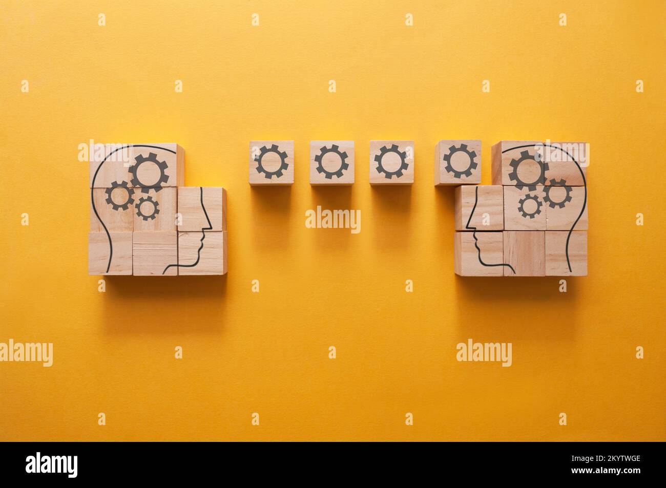 Human head outline on wooden blocks, sharing ideas, knowledge and information Stock Photo