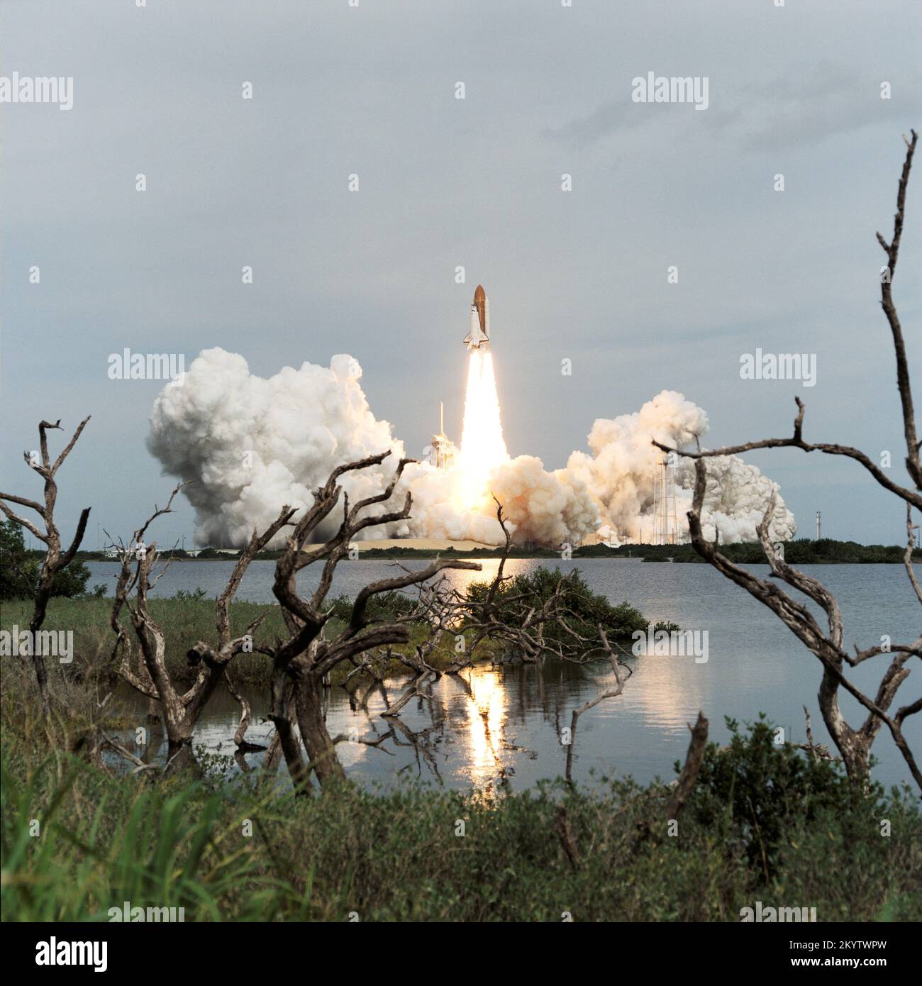 STS-69 Marsh driftwood and Florida shrubbery frame the liftoff phase of the Space Shuttle Endeavour as it begins the STS-69 mission. Liftoff from Launch Pad 39A occurred at 11:09:00:52 a.m. (EDT), September 7, 1995. The crew of five NASA astronauts was embarking on an 11-day multifaceted mission featuring two free-flying scientific research spacecraft, a spacewalk and a host of experiments in both the cargo bay and the middeck. Onboard were astronauts David M. Walker, Kenneth D. Cockrell, James S. Voss, James H. Newman and Michael L. Gernhardt.    Date: September 7, 199 Stock Photo