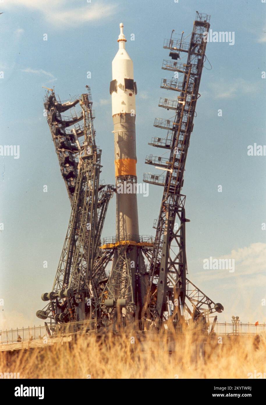 The Soyuz spacecraft and launch vehicle are installed on the launch pad at the Baikonur complex in Kazakhstan. Baikonur is the world's largest space center. This launch was part of the Apollo-Soyuz Test Project (ASTP), a cooperative space mission between the United States and the USSR. The goals of ASTP were to test the ability of American and Soviet spacecraft to rendezvous and dock in space and to open the doors to possible international rescue missions and future collaboration on manned spaceflights. The Soyuz and Apollo crafts launched from Baikonur and the Kennedy Space Center respectivel Stock Photo