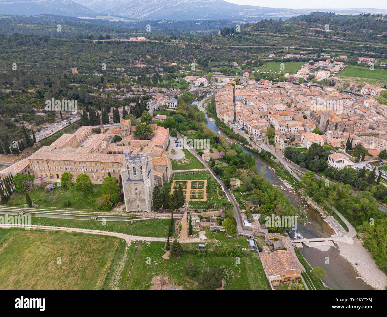 Aerial view of Lagrasse medieval city, Aude, Occitanie. the city is ...