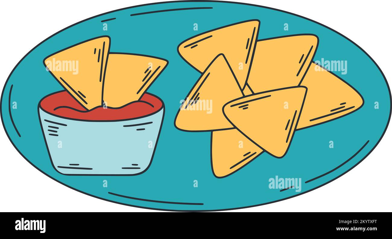 Mexican appetizer nachos with sauce clip art. Latin American food vector illustration. Corn chips with spicy addition colored doodle Stock Vector