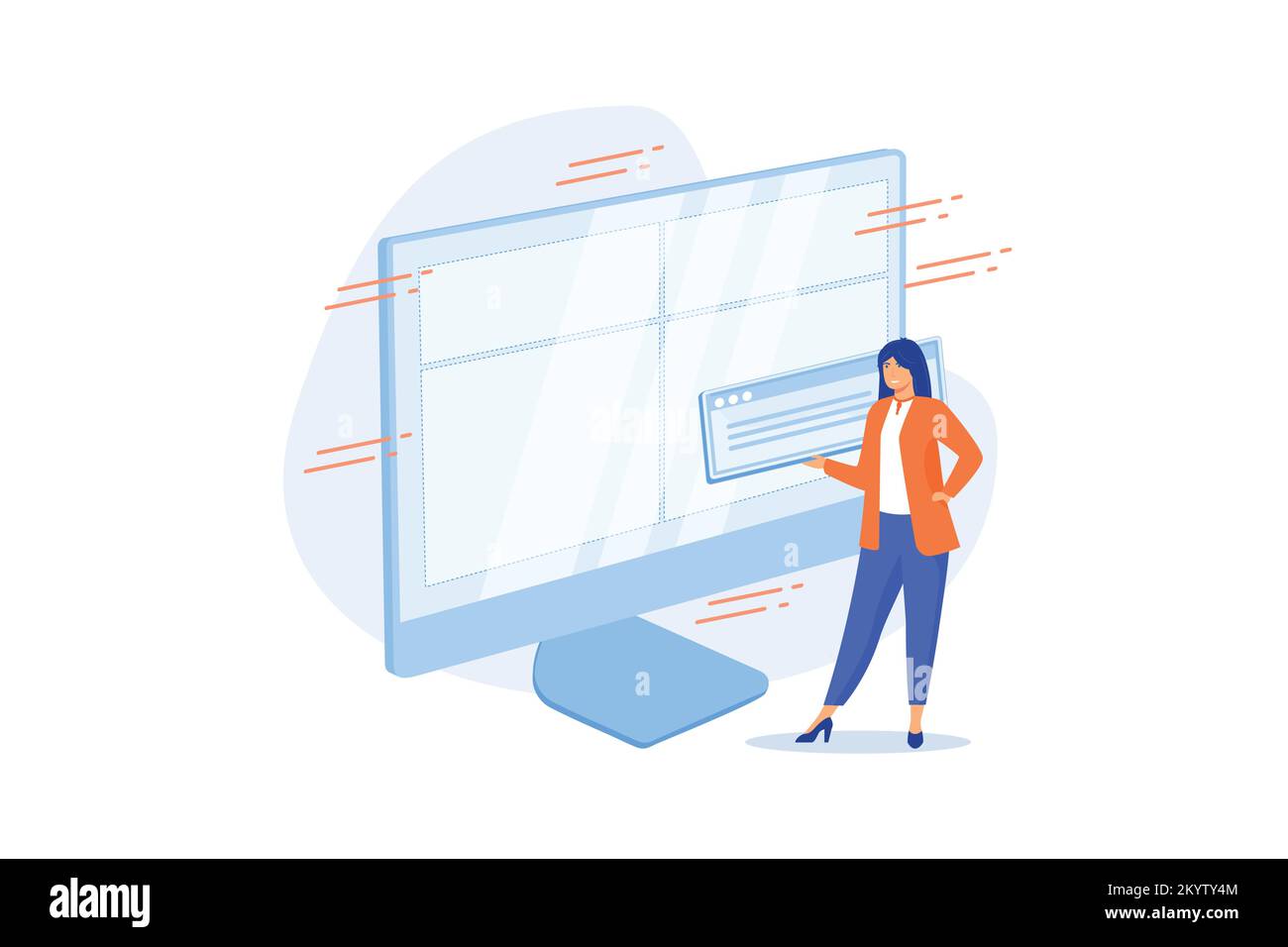 Web design and content creating. Landing page, website, homepage creating design element. Female graphics designer, developer flat character. flat vec Stock Vector