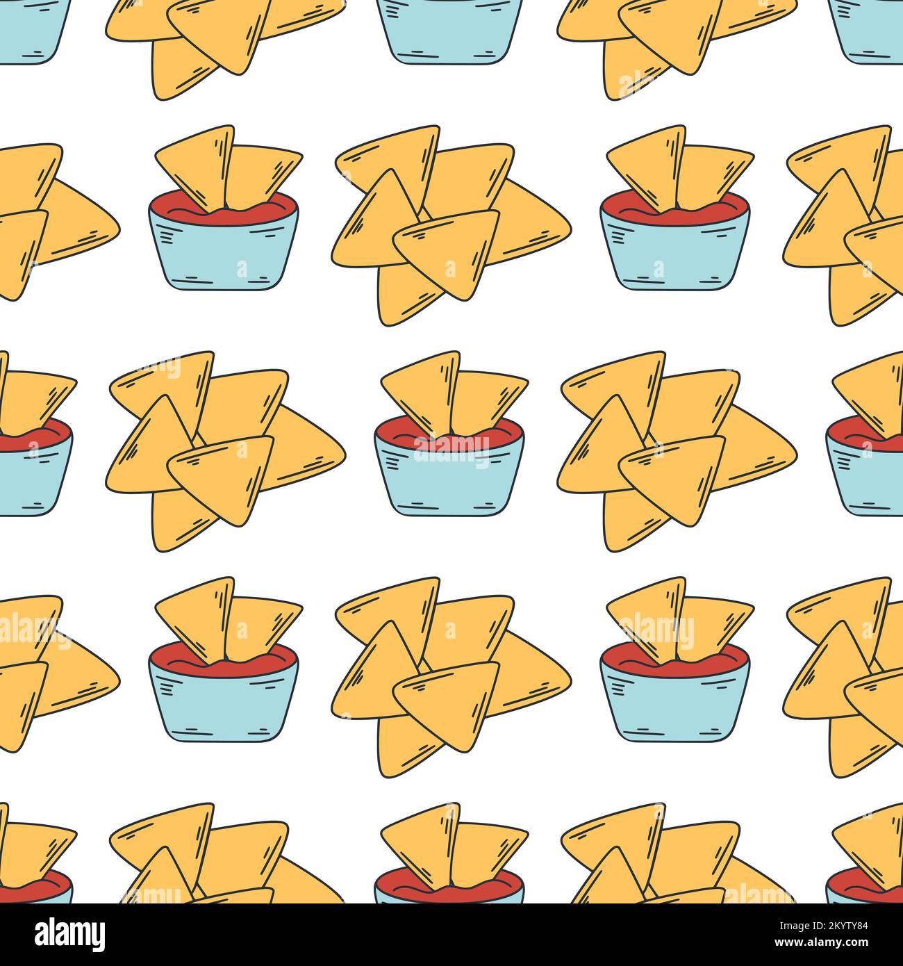 Mexican appetizer nachos with sauce seamless pattern. Background of latin american food,. Corn chips print for textile, packaging, design vector Stock Vector