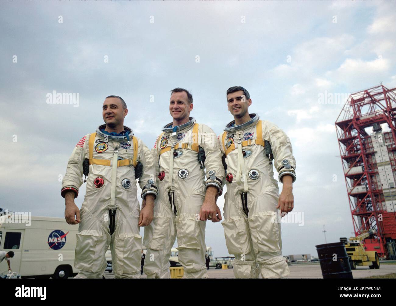 The prime crew of Apollo 1, Virgil I (Gus) Grissom, Edward H. White, II, and Roger B. Chaffee, during training in Florida. On January 27, 1967, the crew was killed when a fire erupted in their capsule during testing. Apollo 1 was originally designated AS- 204 but following the fire, the astronauts’ widows requested that the mission be remembered as Apollo 1 and following missions would be numbered subsequent to the flight that never made it into space. Stock Photo