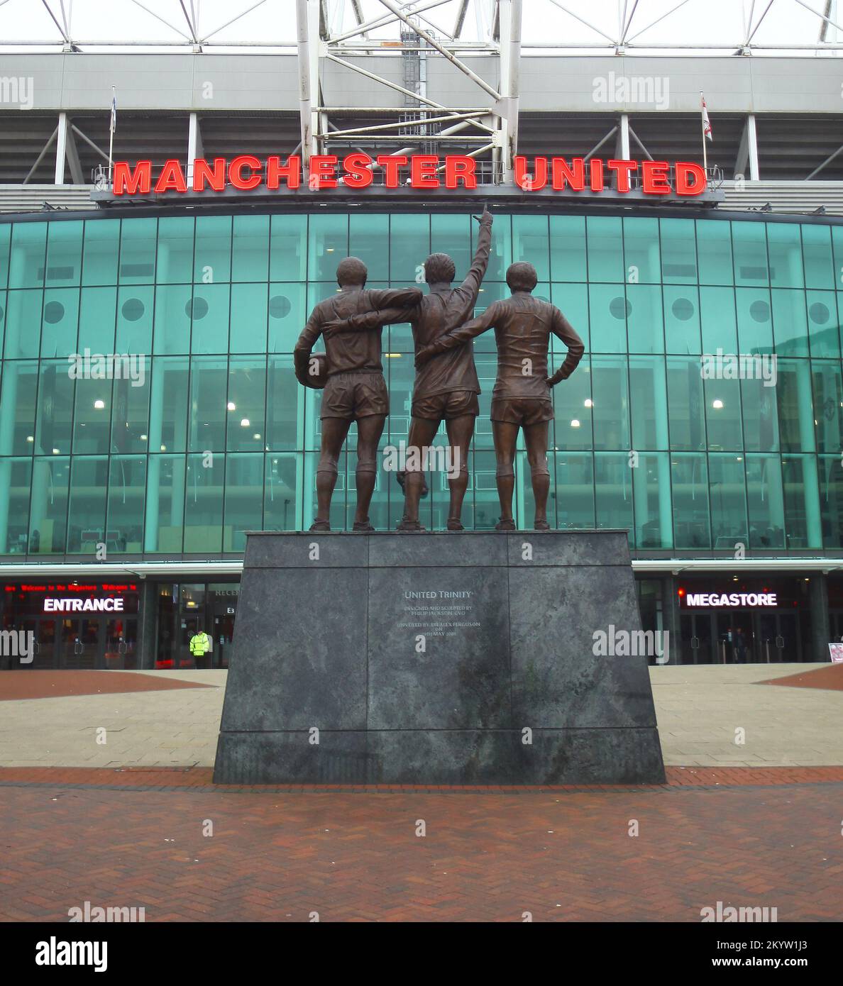 United Trinity statue outside Manchester United Football Club home