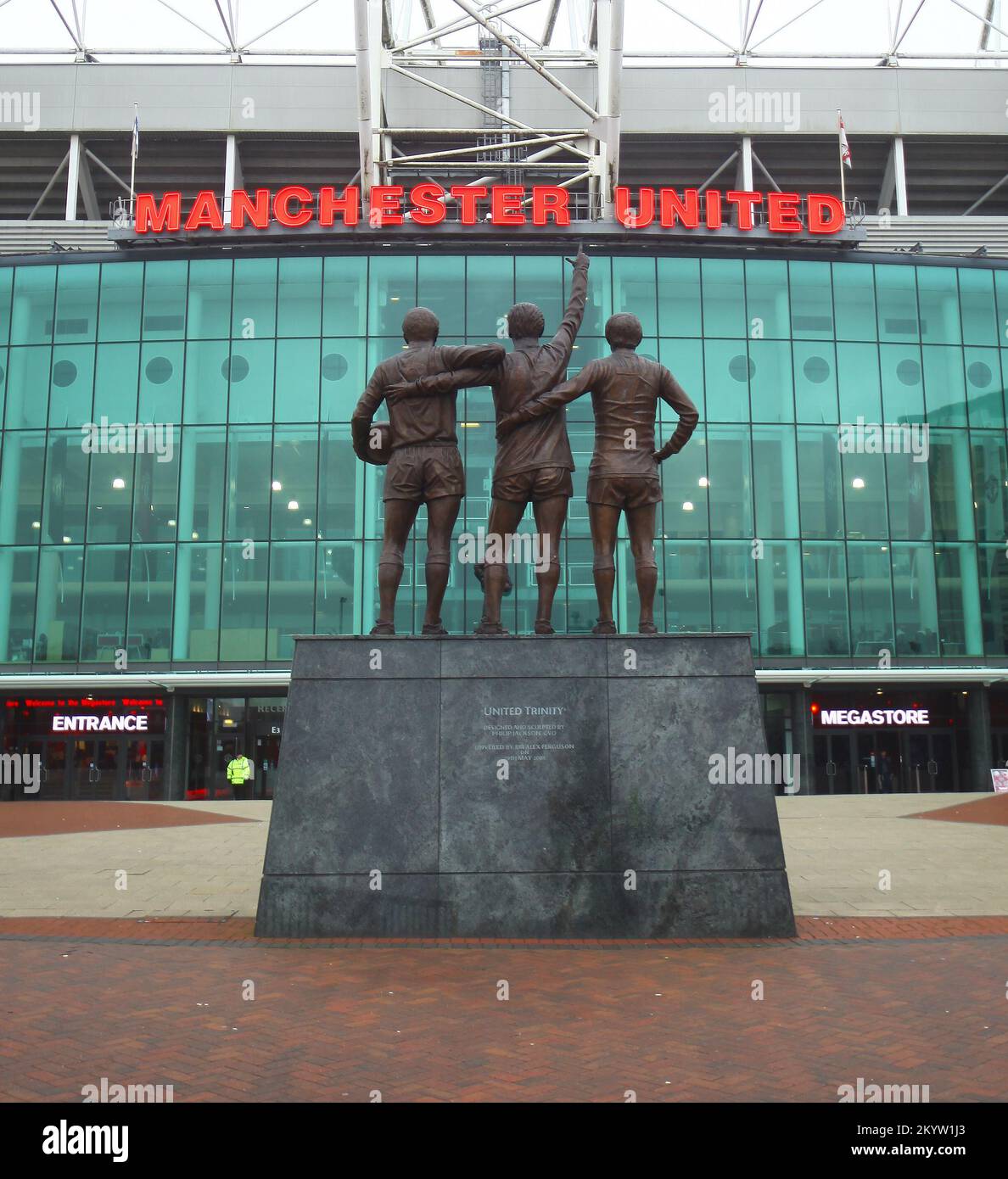 United Trinity statue outside Manchester United Football Club home ground Old Trafford, Manchester, England, United Kingdom Stock Photo