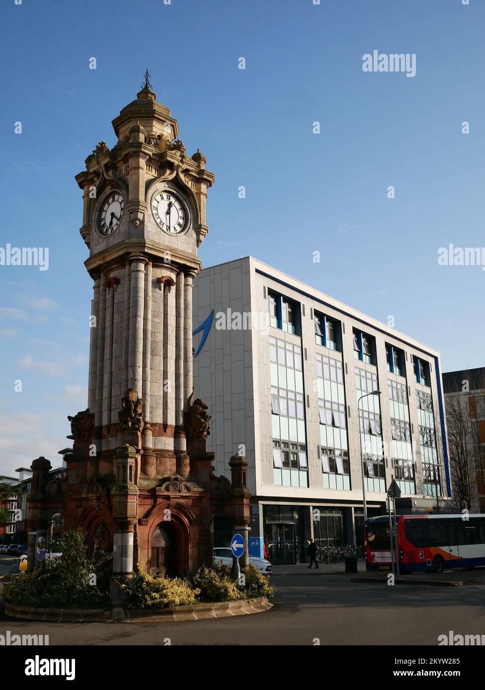 Miles Clock Tower.in Exeter city centre at the junction of Queen Street, Elm Grove Road and New North Road. Exeter, Devon UK Stock Photo