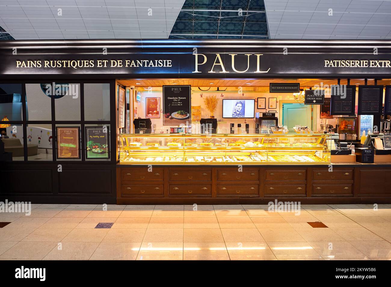 DUBAI, UAE - NOVEMBER 16, 2015: interior of Paul cafe. Paul is a French chain of bakery/cafe restaurants established in 1889 in the city of Croix, in Stock Photo