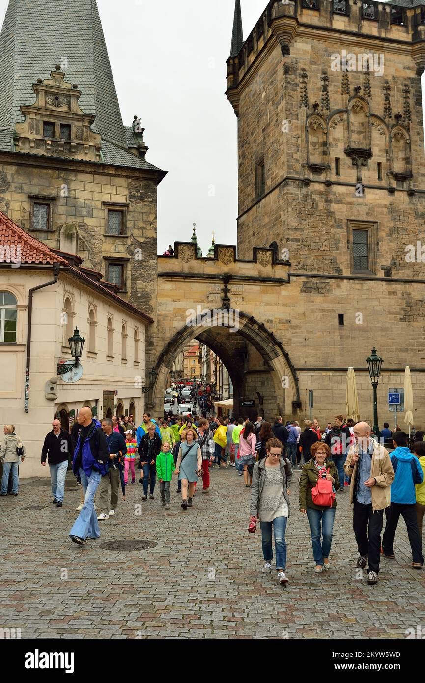 PRAGUE, CZECH REPUBLIC - AUGUST 18, 2015: people on streets of Prague. Prague is the capital and largest city of the Czech Republic. It is the 15th la Stock Photo