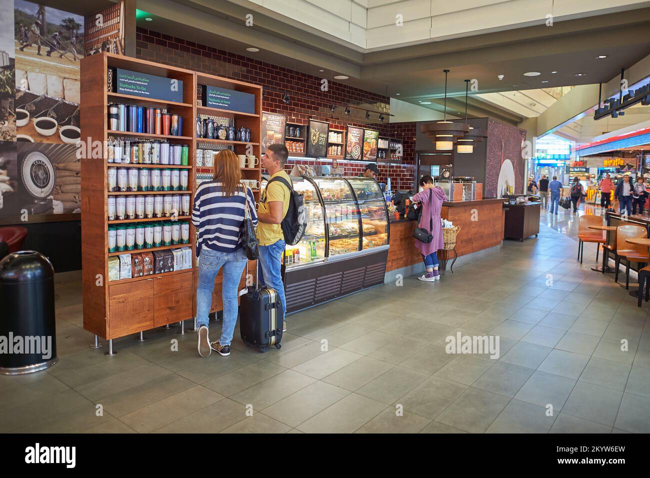 DUBAI, UAE SEPTEMBER 08, 2015 Starbucks cafe in Dubai Airport. Starbucks Corporation is an