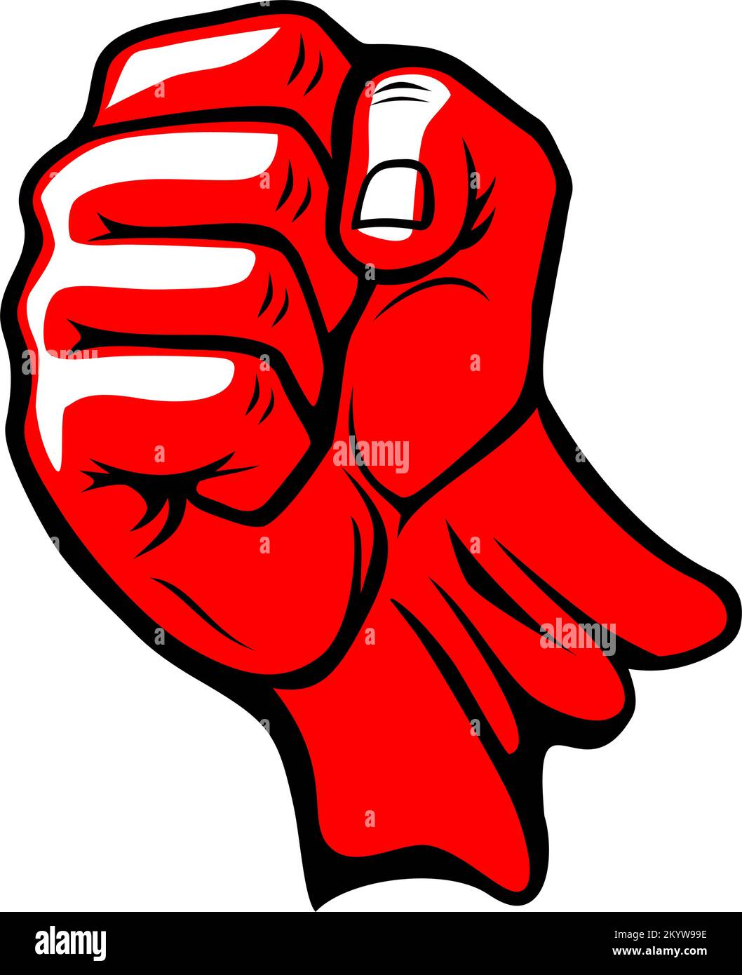 Red hand up clenched fist. Symbol of revolutionary protest, threat, danger. Vector on transparent background Stock Vector