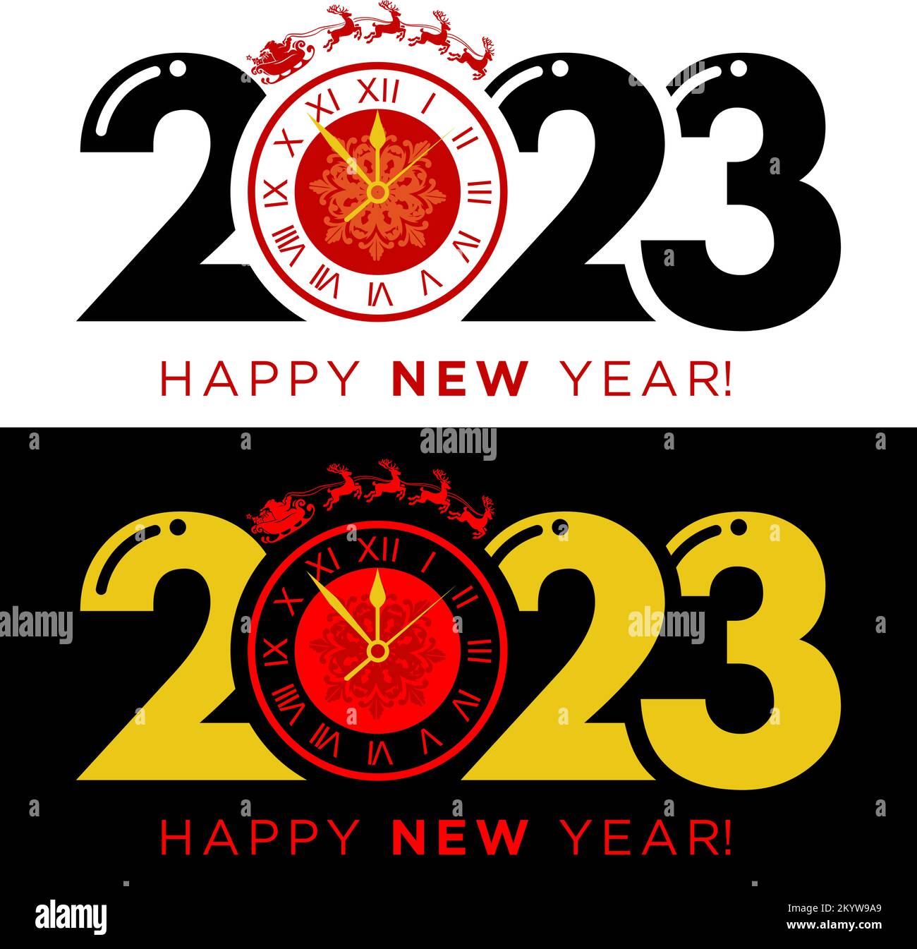 2023 Christmas clock with Santa Claus. Vector header of cover design