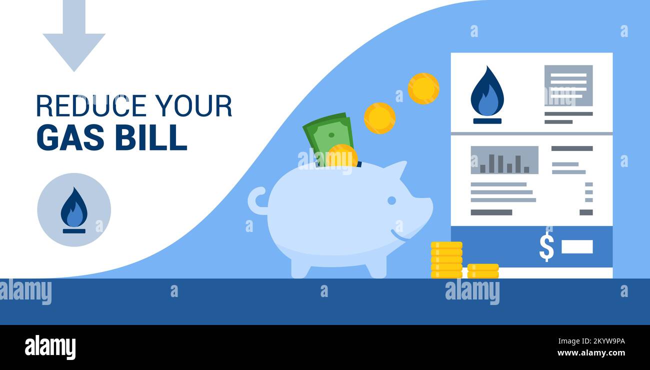 Save money on your gas bill, piggy bank and utility bill, banner with copy space Stock Vector