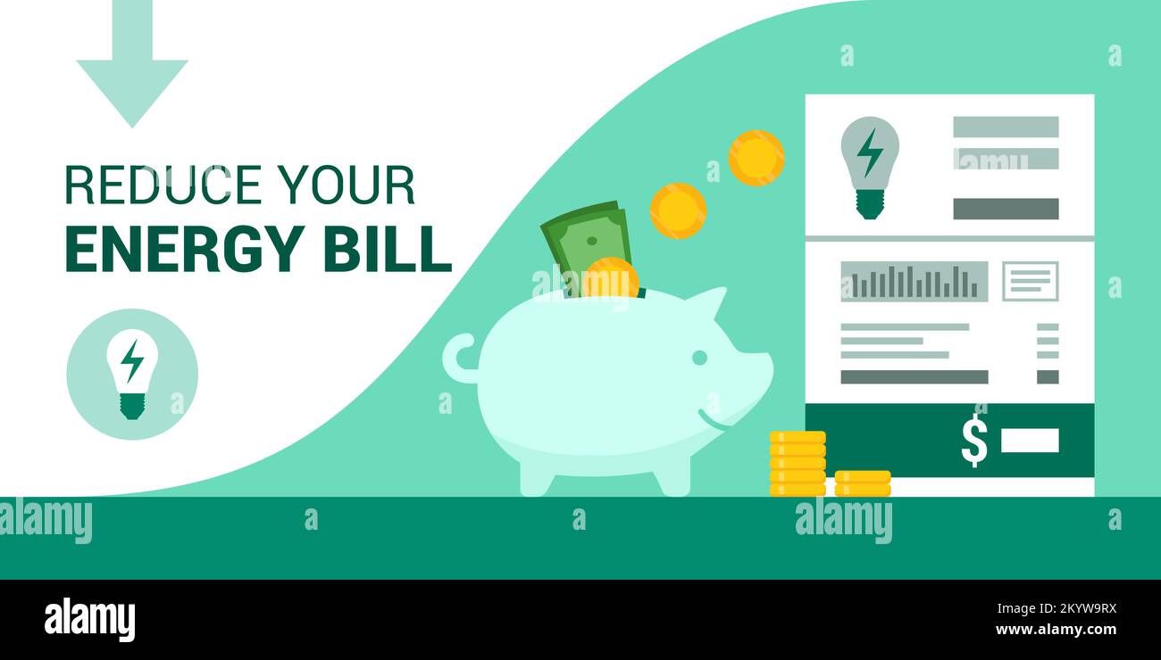 Save money on your electricity bill, piggy bank and utility bill Stock Vector