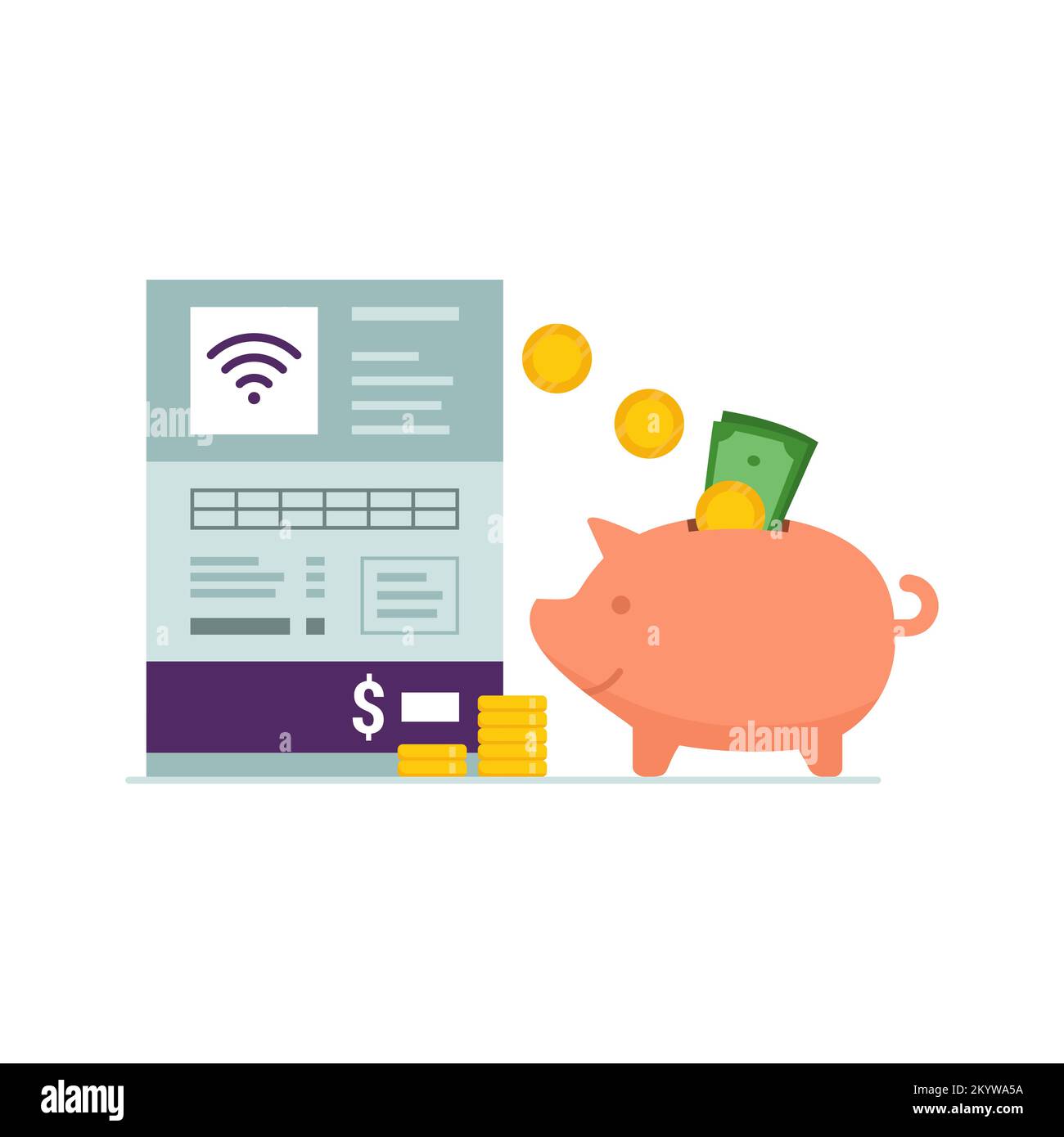 Save money on your internet bill, piggy bank and utility bill Stock Vector