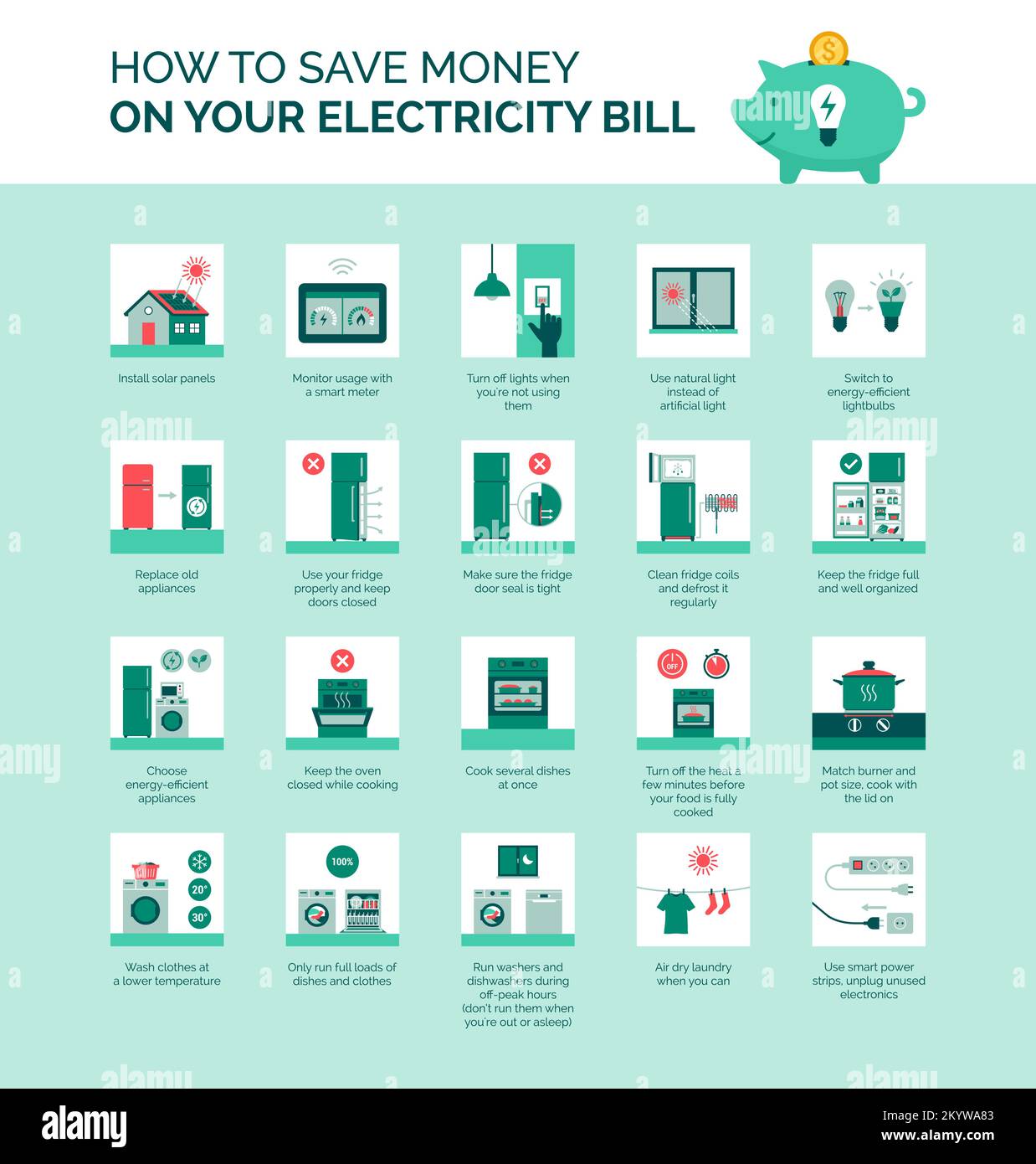 How to save money on your electricity bill, save energy and lower utility costs Stock Vector