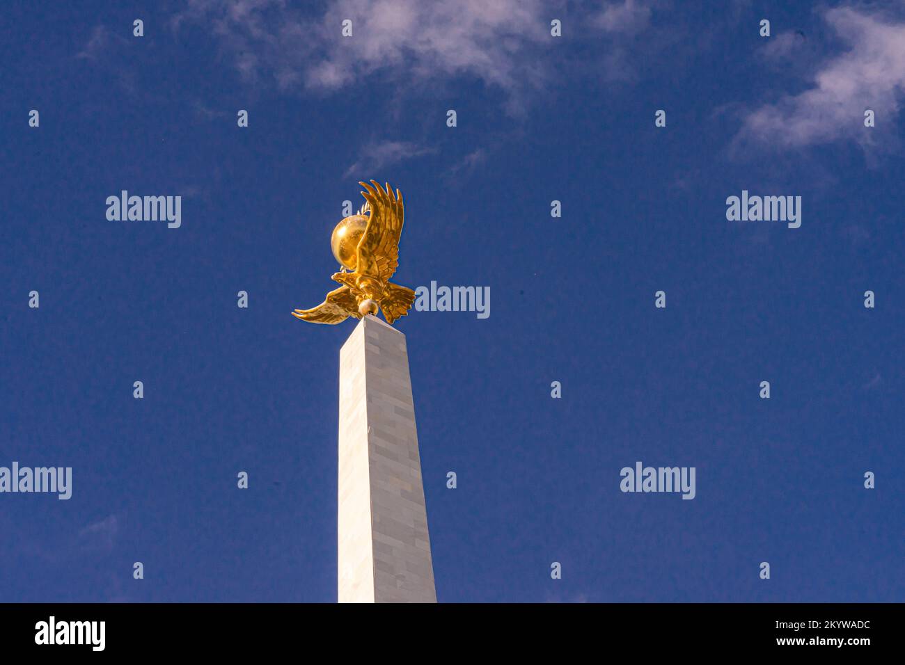 Kazakstan symbols: Golden eagle with globe: Stela of independence of Kazakhstan. Karaganda, Kazakstan Stock Photo