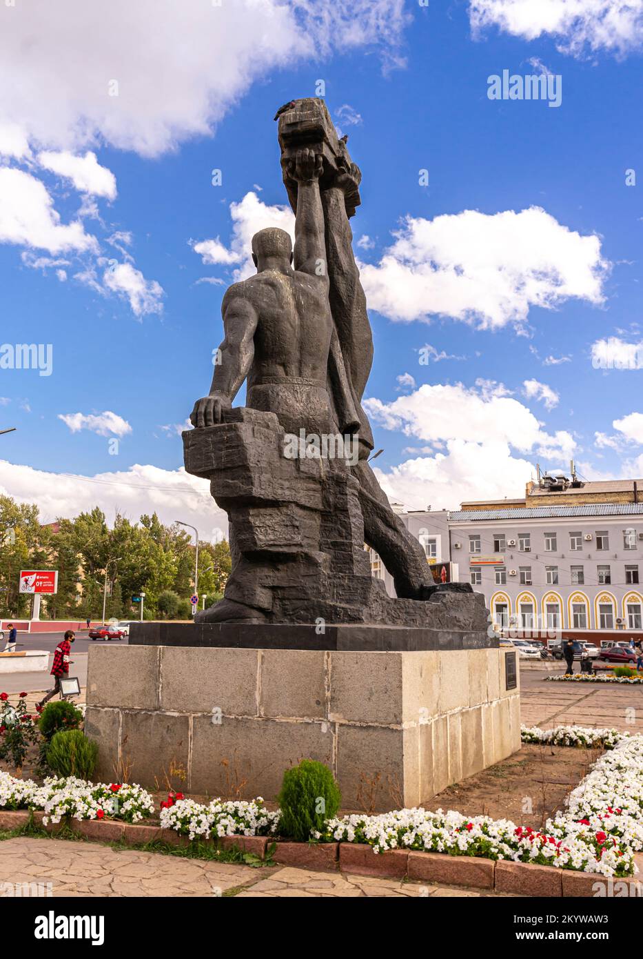 'Miners' Glory' Monument, sculpture depicting workers. Soviet monuments in Karagandy, Kazakhstan Stock Photo
