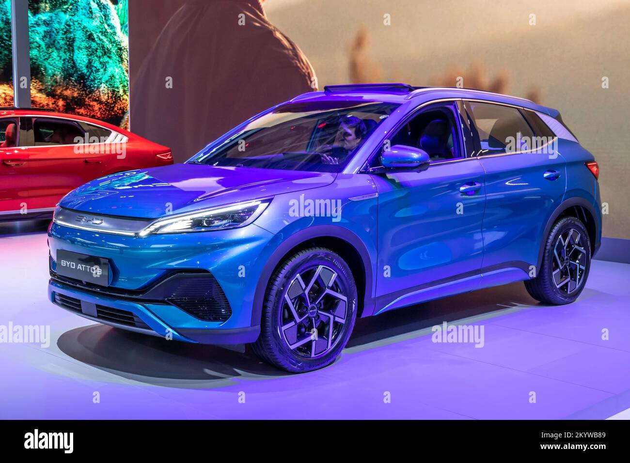 BYD Atto 3 full-electric car showcased at the Paris Motor Show, France - October 17, 2022. Stock Photo