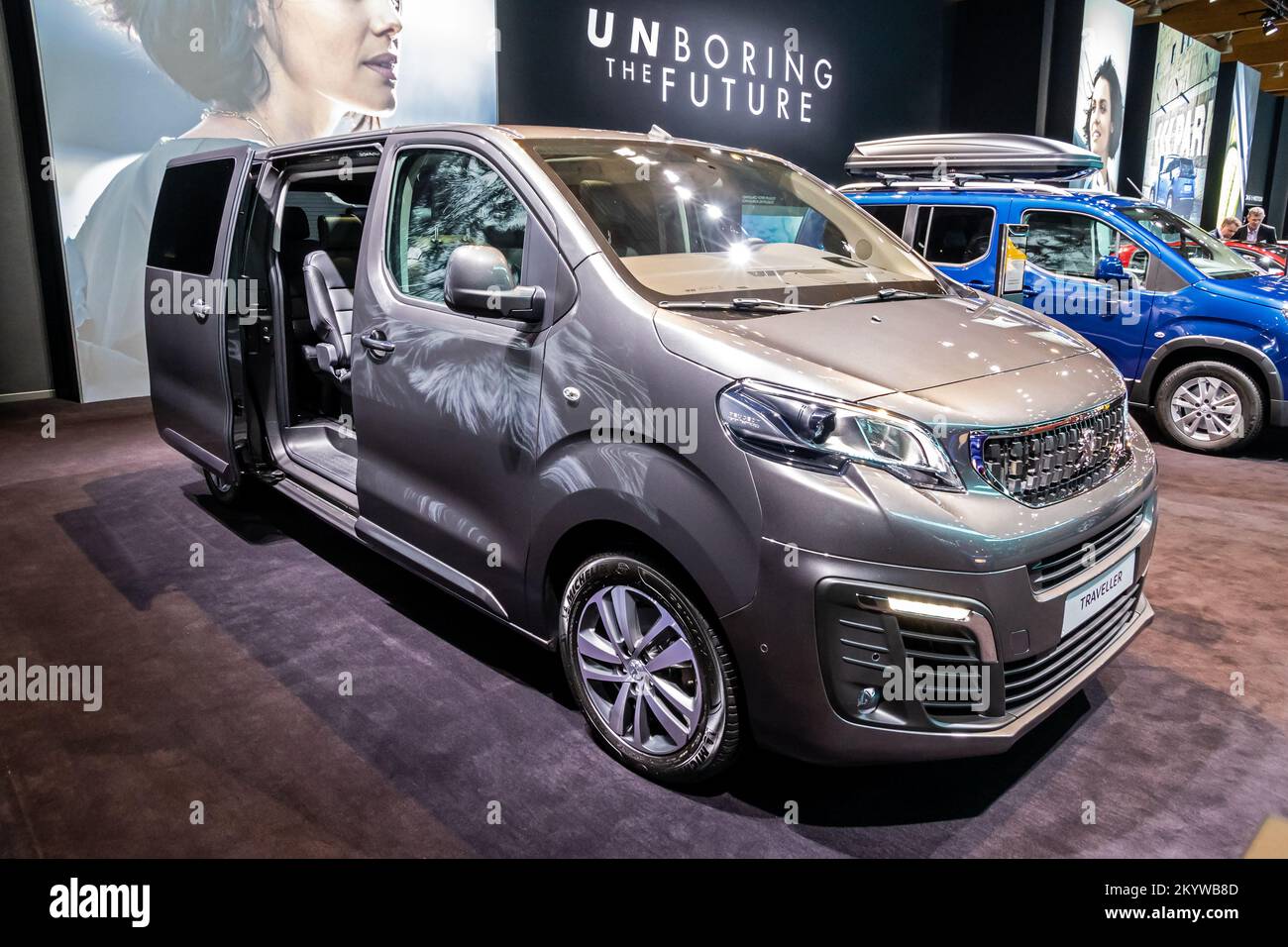 Peugeot Traveller van showcased at the Autosalon Motor Show. Brussels, Belgium - January 9, 2020. Stock Photo