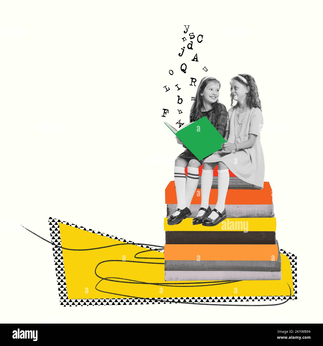 Contemporary art collage. Two little girls, children sitting on books and reading. Doing homework. Stock Photo