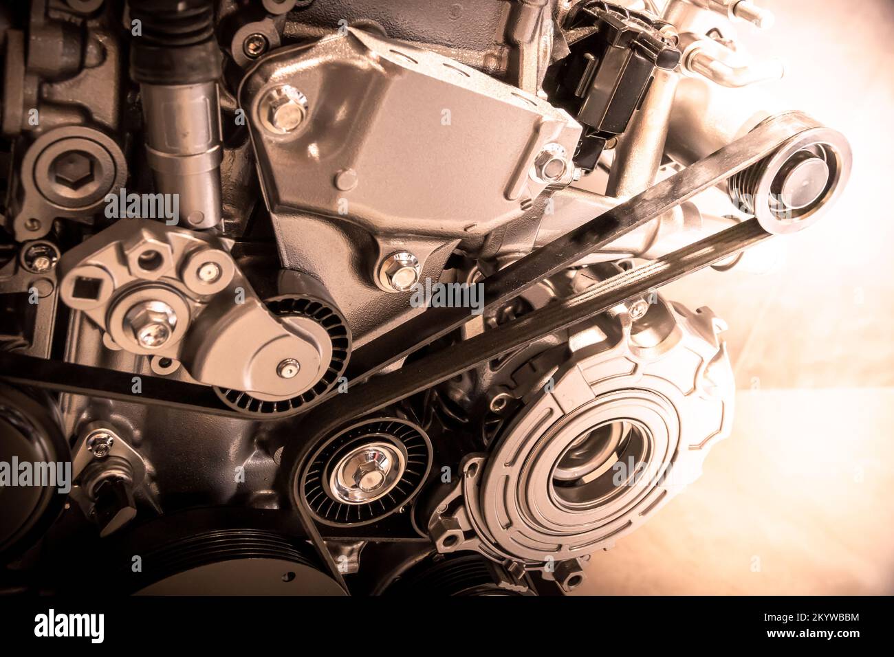 Close up of the mechanics of a car engine. Stock Photo