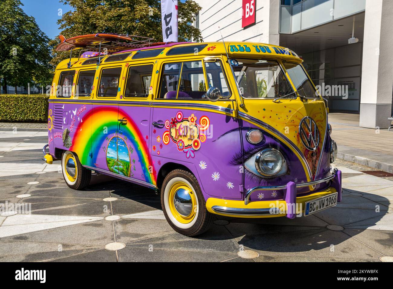 Volkswagen Type 2 hippy camper van showcased at the IAA Mobility 2021 motor show in Munich, Germany - September 6, 2021. Stock Photo