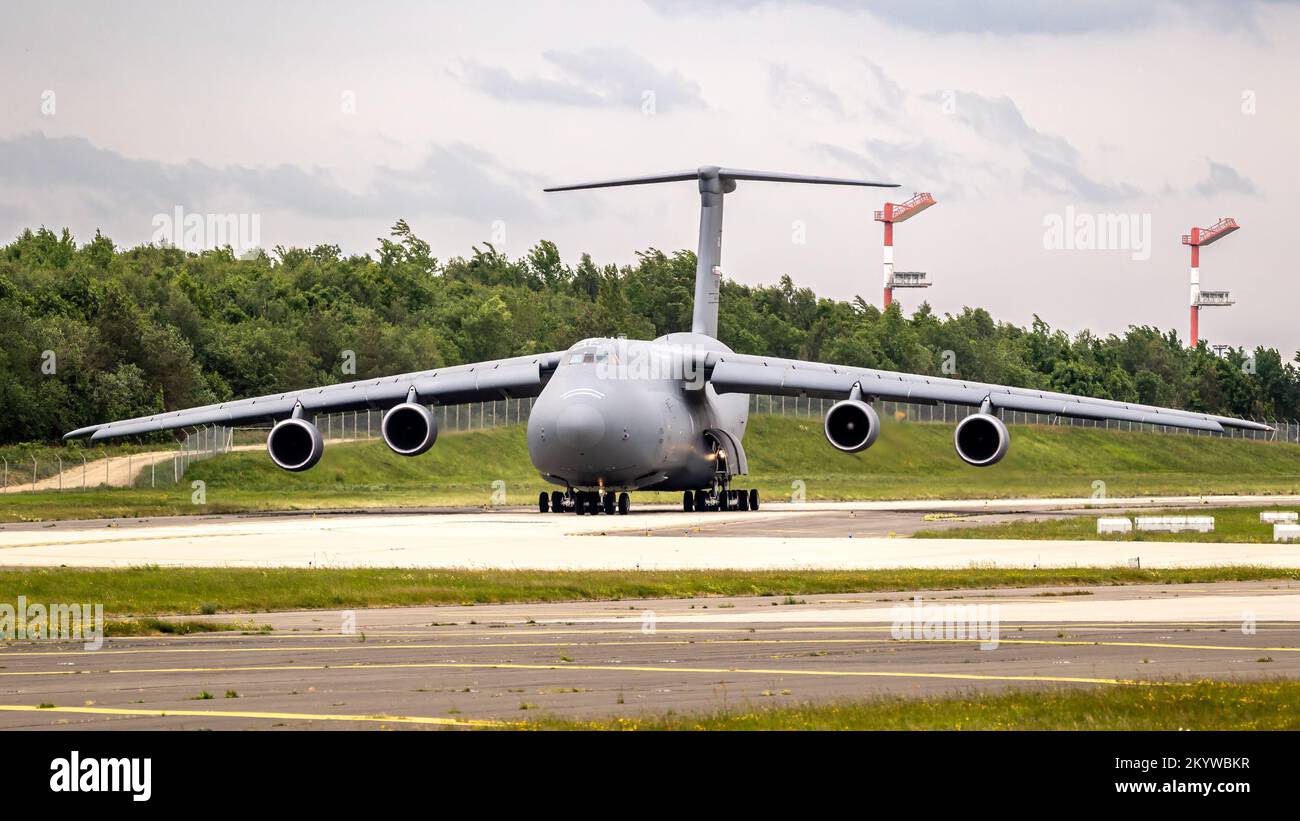 US Air Force Lockheed C-5M Galaxy transport plane taxiing to the runway. Spangdahlem, Germany - May 16, 2022 Stock Photo