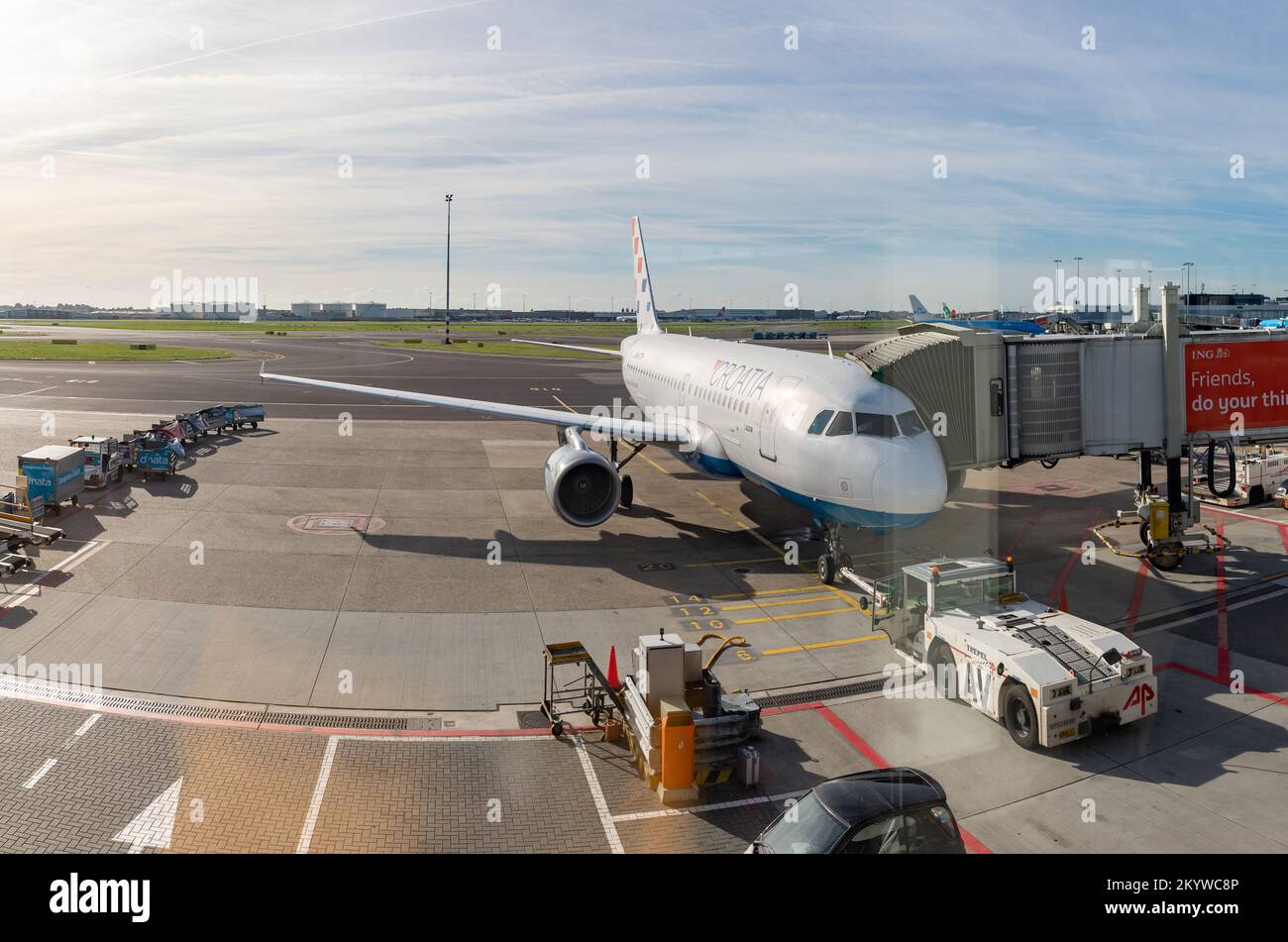 A picture of a Croatia Airlines plane in the Schiphol Airport. Stock Photo