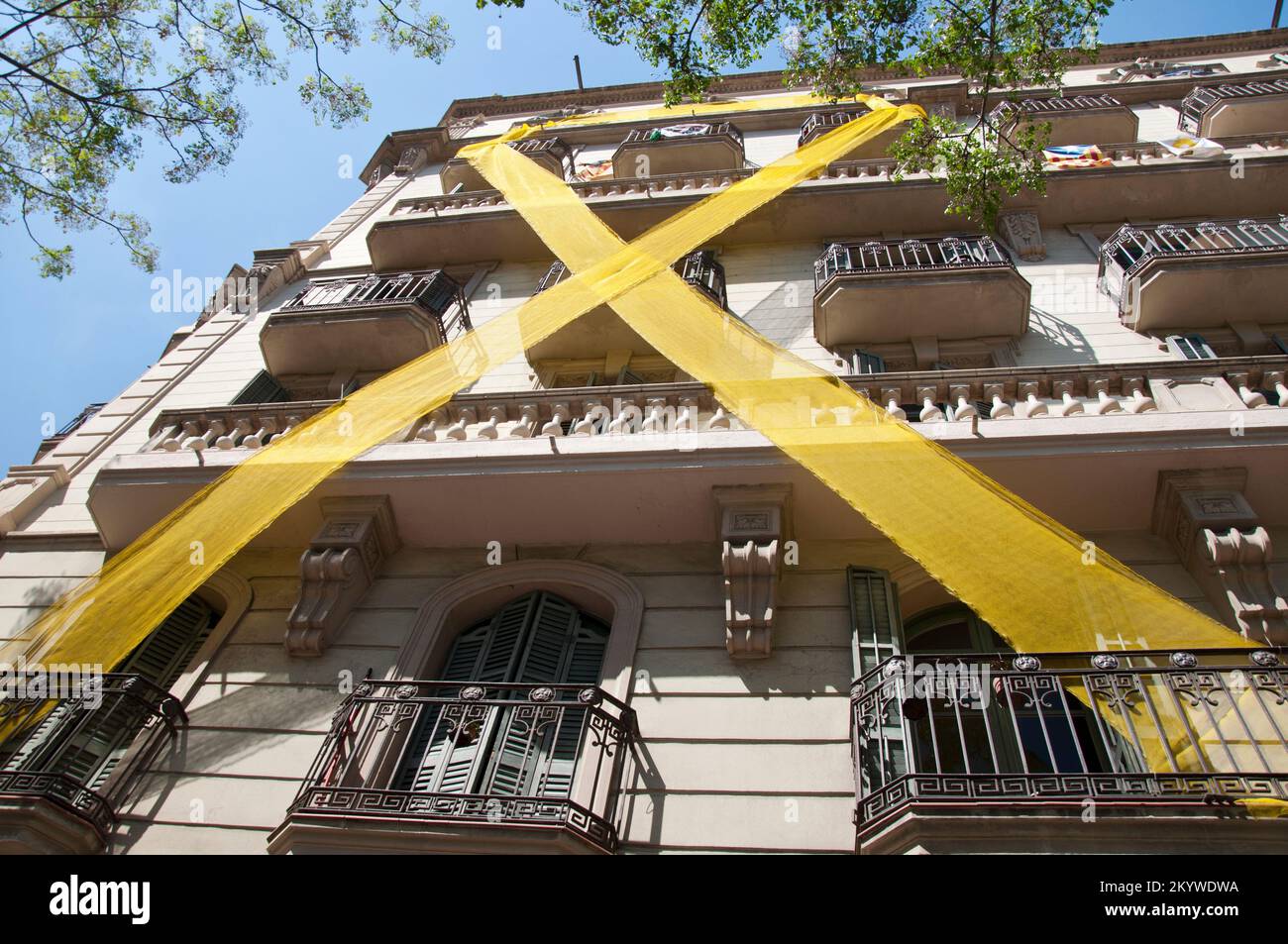 Big yellow ribbon, symbol of catalan separatist vindication, hanging on