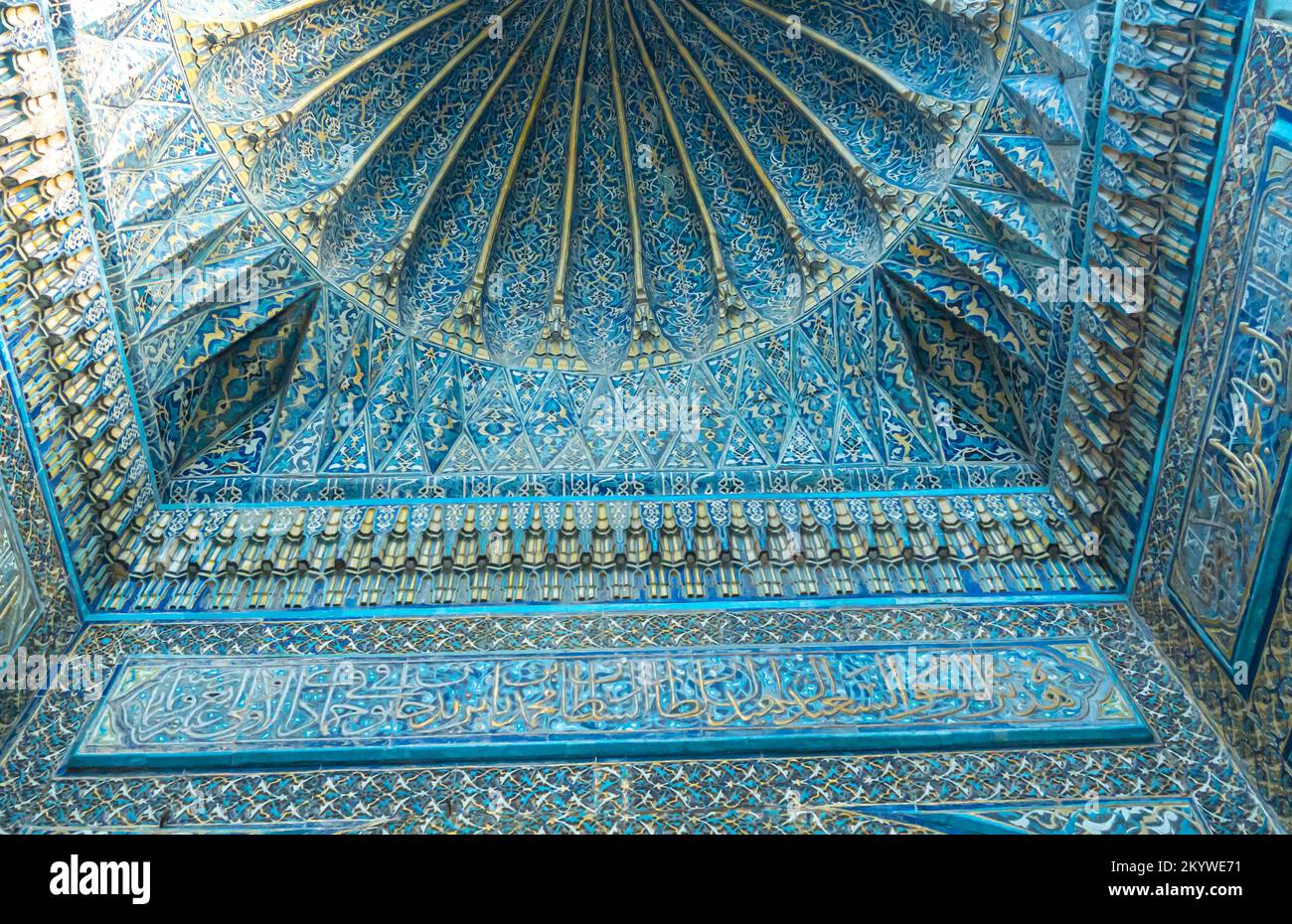 blue glazed tiles on The Green Tomb - a mausoleum of the fifth Ottoman Sultan, Mehmed I, in Bursa, Turkey. 1421 Stock Photo