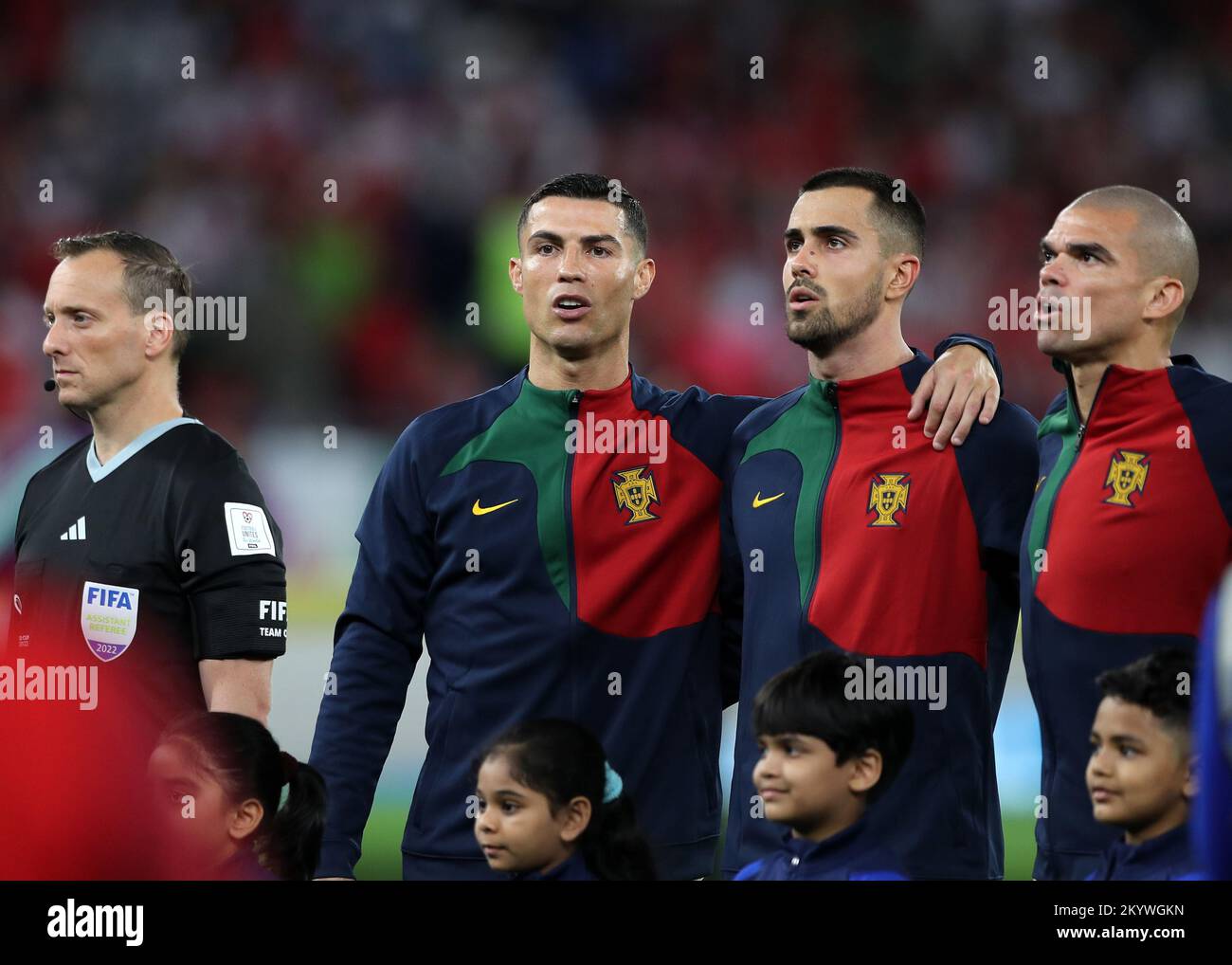 Al Rayyan, Qatar. 02nd Dec, 2022. 2nd December 2022; Education City Stadium, Al Rayyan, Qatar; FIFA World Cup Football, South Korea versus Portugal; Cristiano Ronaldo of Portugal singing the national anthem alongside Goalkeeper Diego Costa and Pepe of Portugal Credit: Action Plus Sports Images/Alamy Live News Stock Photo