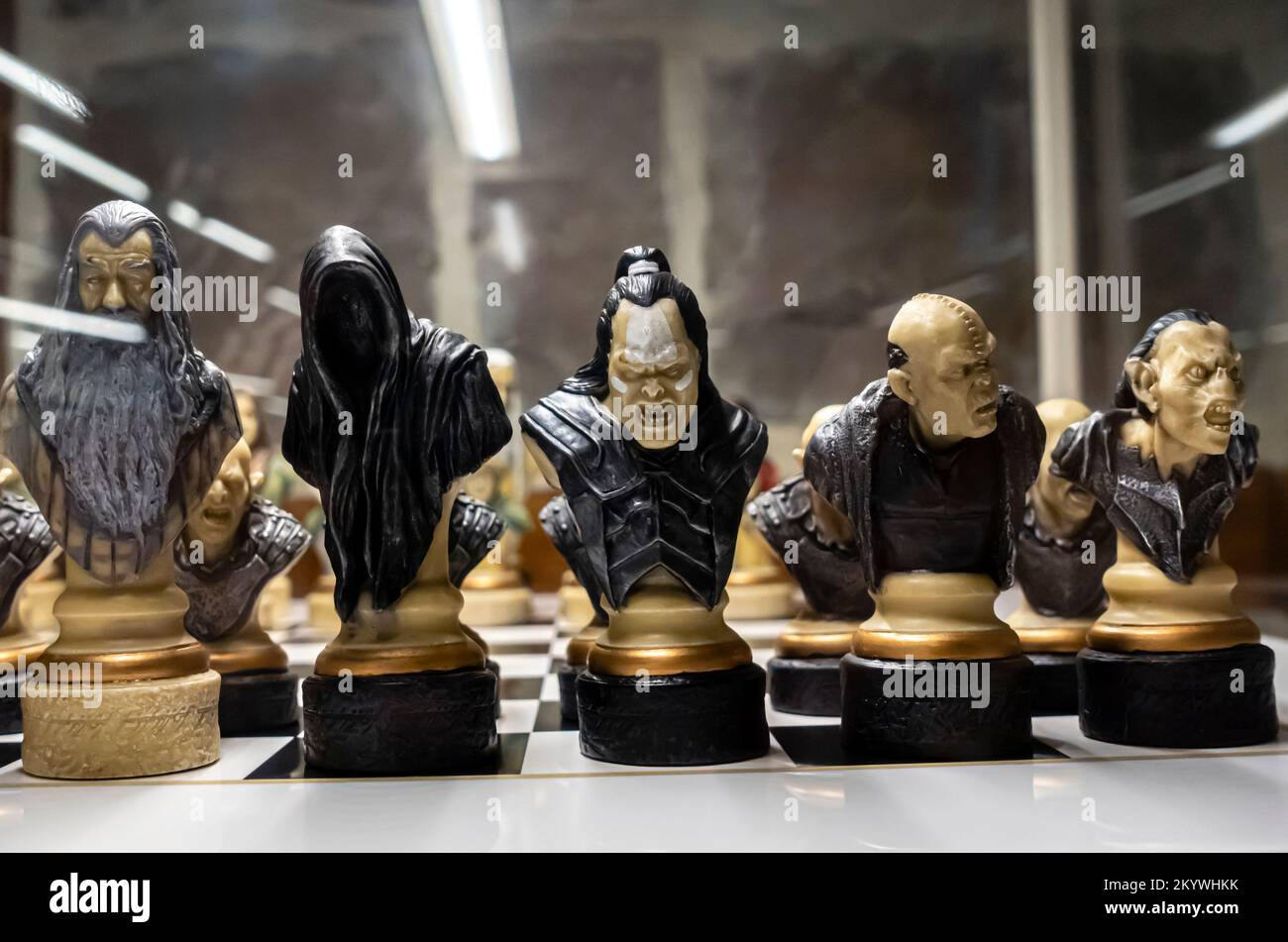 Lord of the Rings themed chess set from the US. Chess sets from USA. Chess pieces. Chess figure.United States Stock Photo