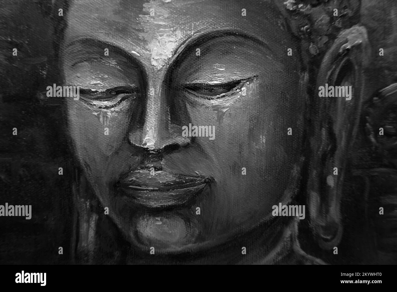 Art painting oil color Buddha statue in Dark From Thailand , black and white , monochrome Stock