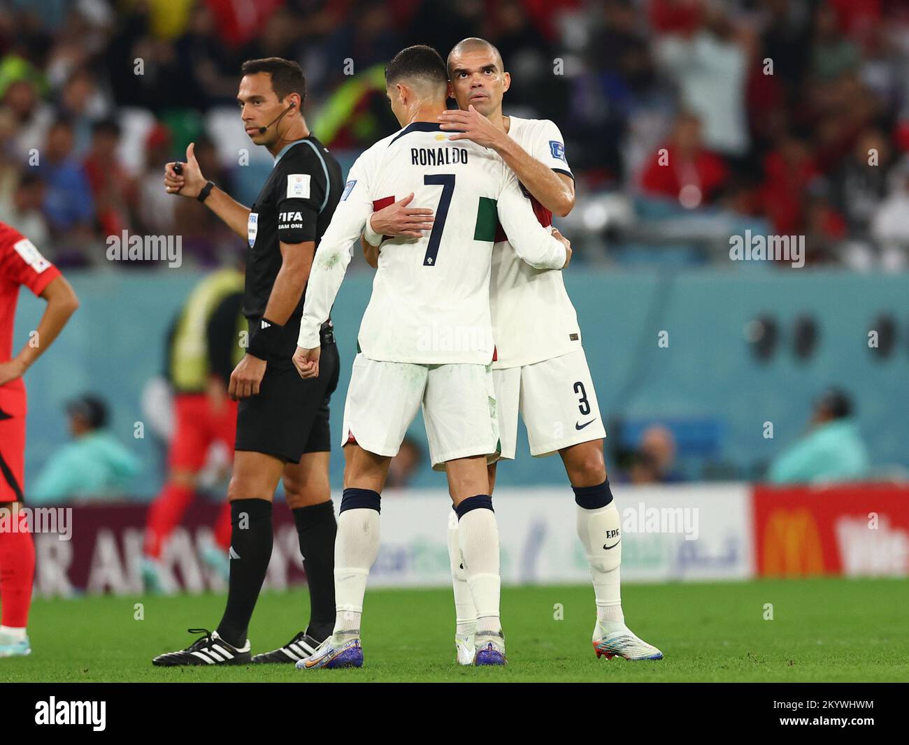 Ar Rayyan, Qatar, 2nd December 2022.  Pepe of Portugal hugs Cristiano Ronaldo of Portugal as he is substituted during the FIFA World Cup 2022 match at Education City Stadium, Ar Rayyan. Picture credit should read: David Klein / Sportimage Credit: Sportimage/Alamy Live News Stock Photo