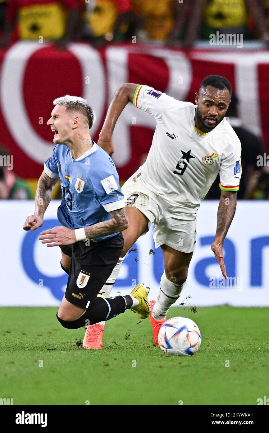 Al Wakrah, Qatar. 2nd Dec, 2022. Jordan Ayew (R) of Ghana and Guillermo Varela of Uruguay in action during their Group H match at the 2022 FIFA World Cup at Al Janoub Stadium in Al Wakrah, Qatar, Dec. 2, 2022. Credit: Xin Yuewei/Xinhua/Alamy Live News Stock Photo