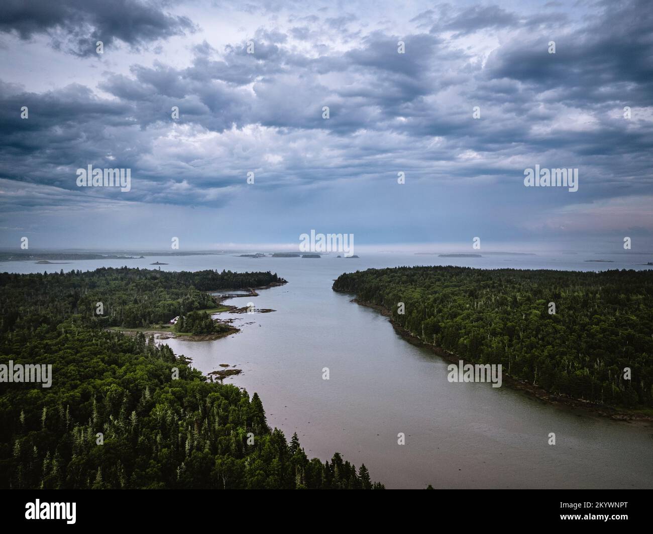 Aerial of storm clouds over the rugged coast, Gouldsboro, Maine Stock Photo